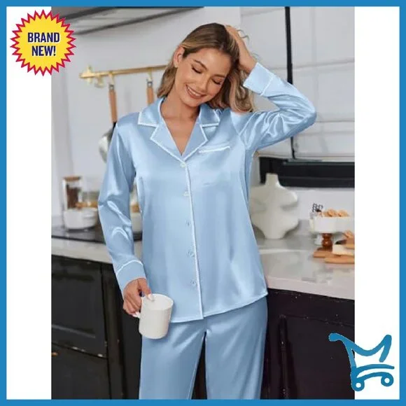 Silky Satin Pajama Set Long Sleeve Top Pants Lounge Wear
